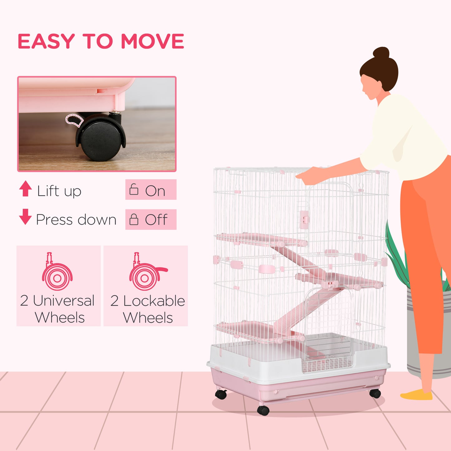 32"L 4-Level Small Animal Cage Rabbit Hutch with Wheels, Slide-out Tray for Bunny, Chinchillas, Ferret, Pink