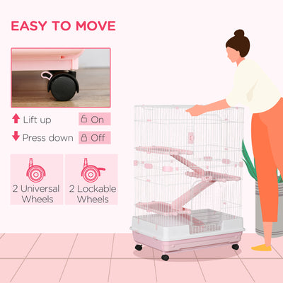 32"L 4-Level Small Animal Cage Rabbit Hutch with Wheels, Slide-out Tray for Bunny, Chinchillas, Ferret, Pink