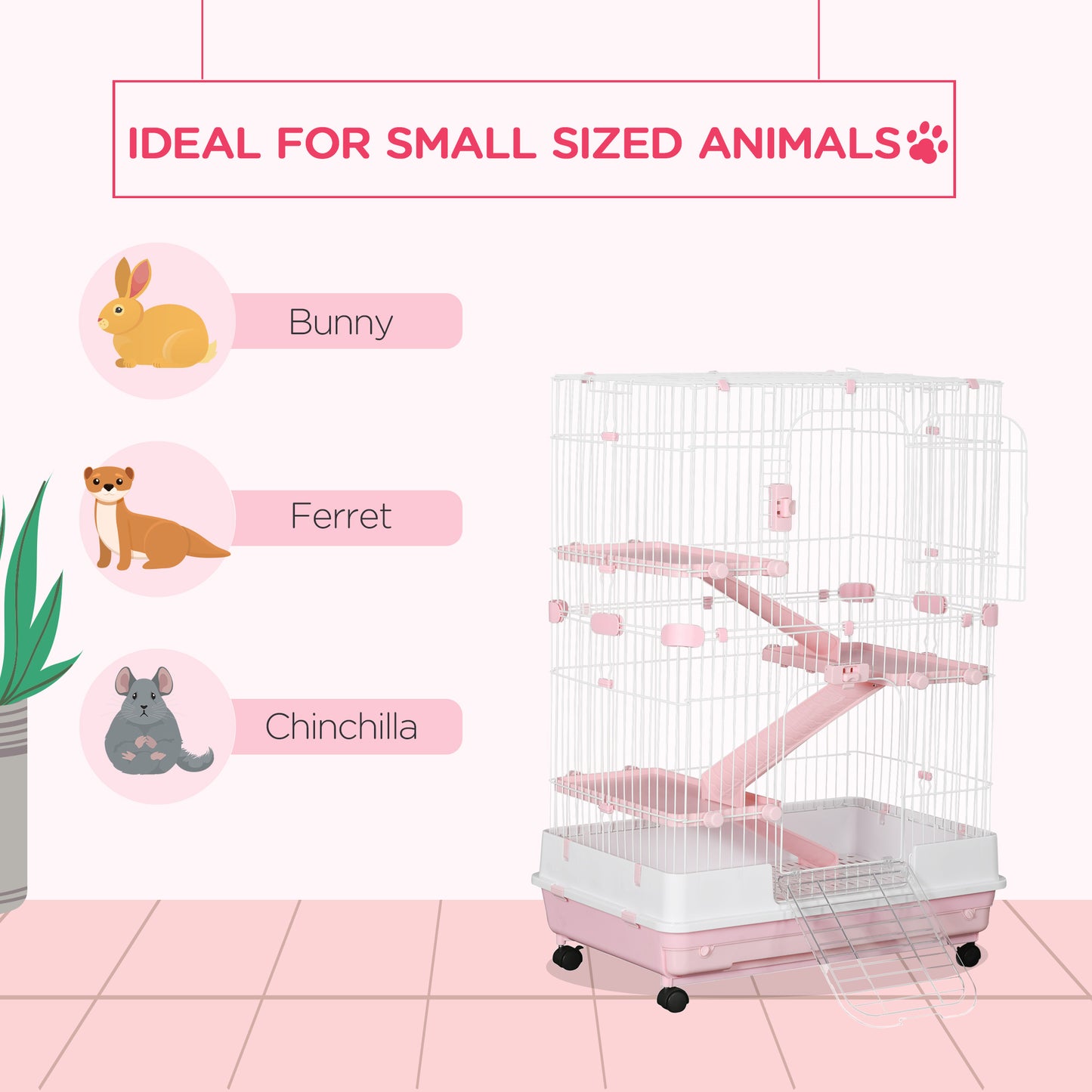 32"L 4-Level Small Animal Cage Rabbit Hutch with Wheels, Slide-out Tray for Bunny, Chinchillas, Ferret, Pink