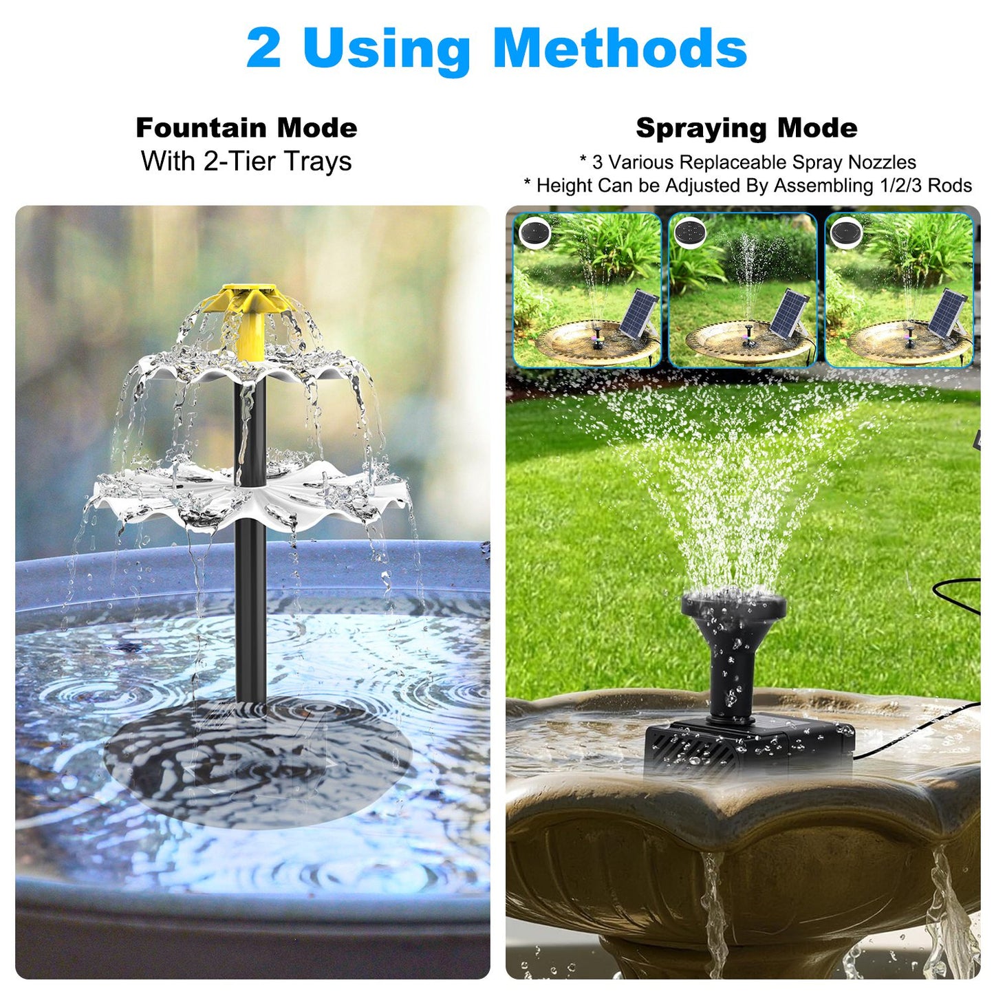 3Tier Solar Bird Bath Fountain With Colorful Light 3 Nozzles