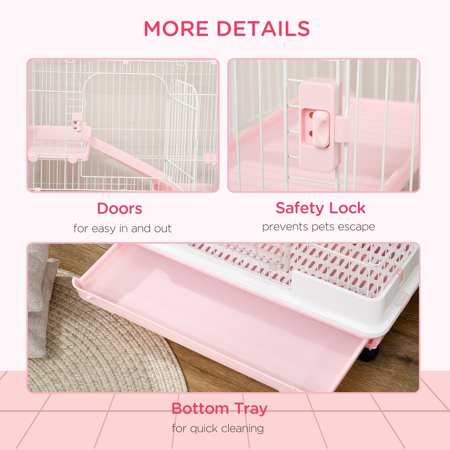 32"L 4-Level Small Animal Cage Rabbit Hutch with Wheels, Slide-out Tray for Bunny, Chinchillas, Ferret, Pink