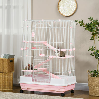 32"L 4-Level Small Animal Cage Rabbit Hutch with Wheels, Slide-out Tray for Bunny, Chinchillas, Ferret, Pink