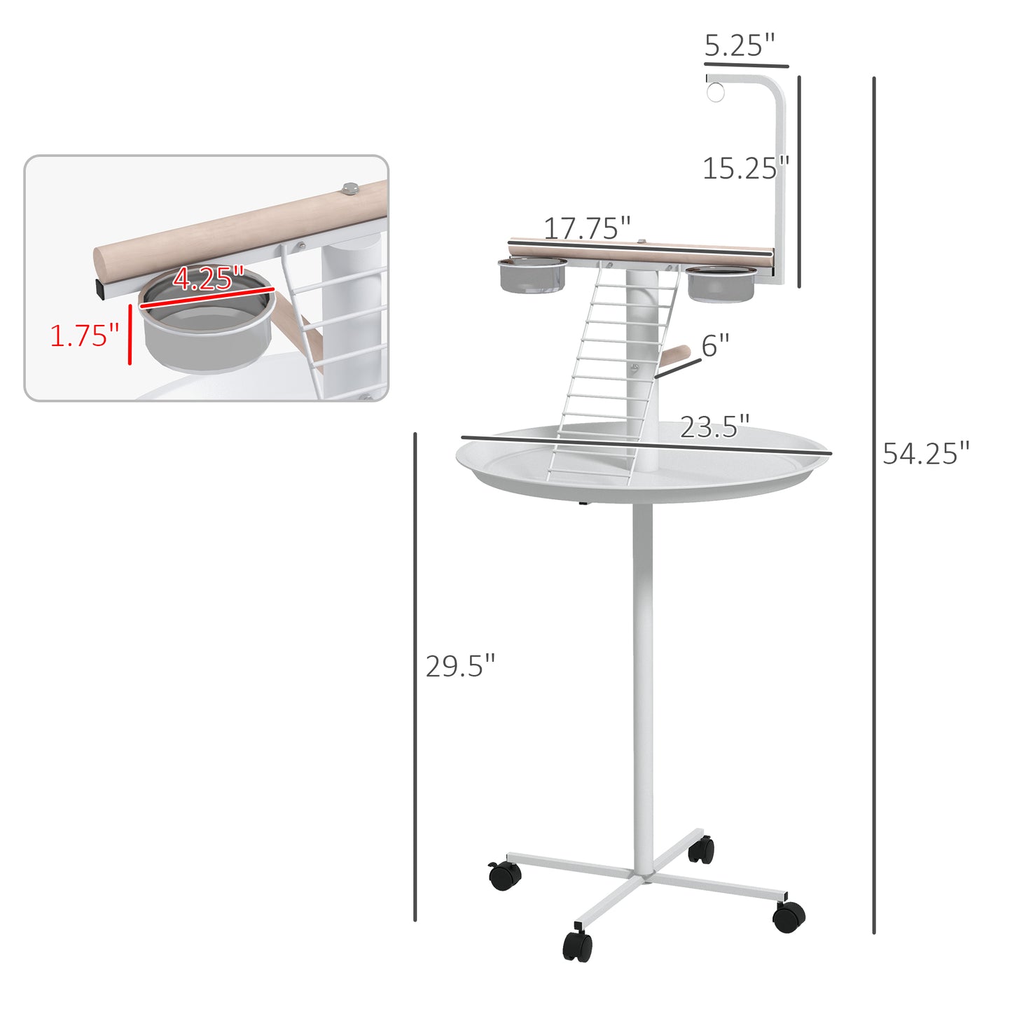 Bird Stand with Wheels, Perches, Feed Bowls, Round Tray for Parrot